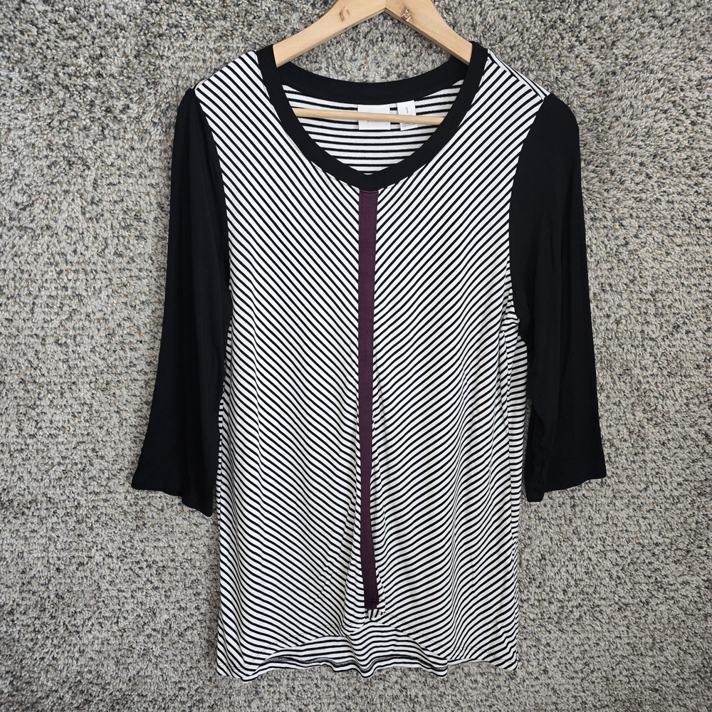 Chicos Weekends Top Womens 1 US Medium Black Striped Scoop Neck Tunic Casual